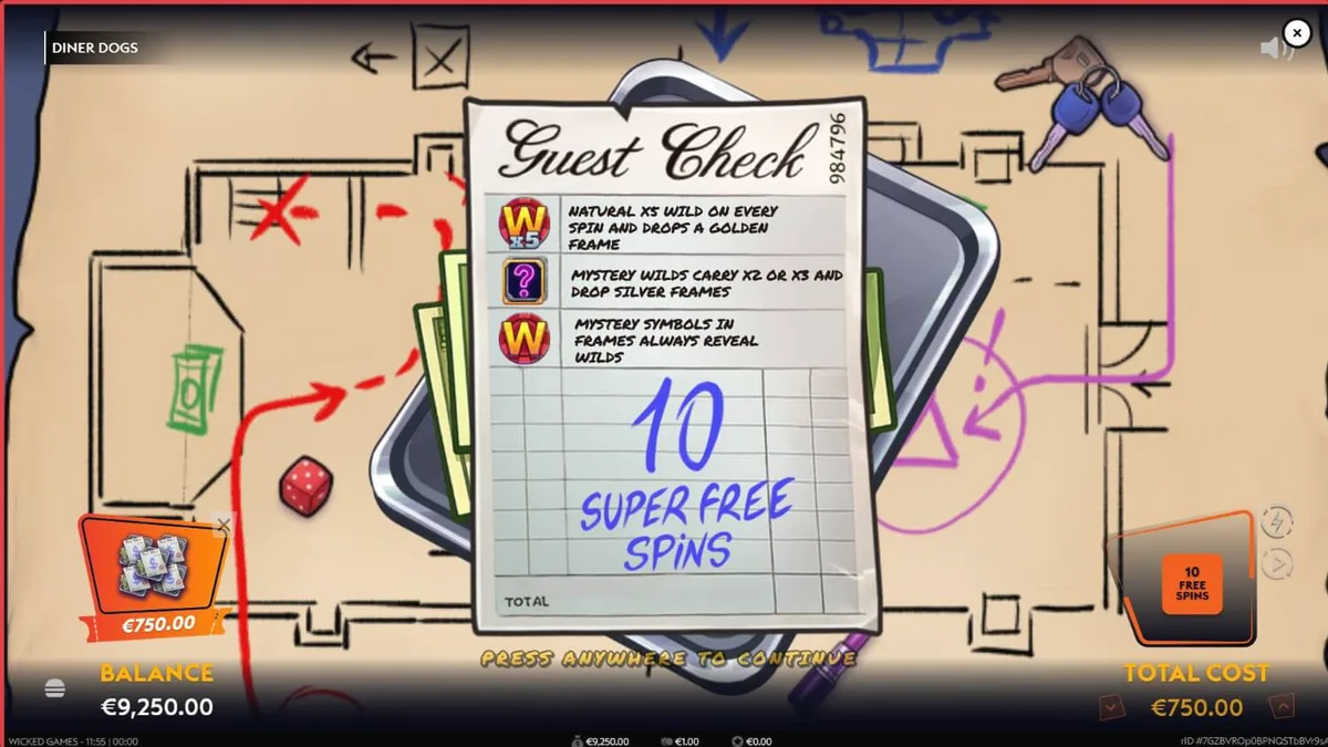 Diner Dogs slot game screen na nagpapakita ng retro diner theme at heist crew characters