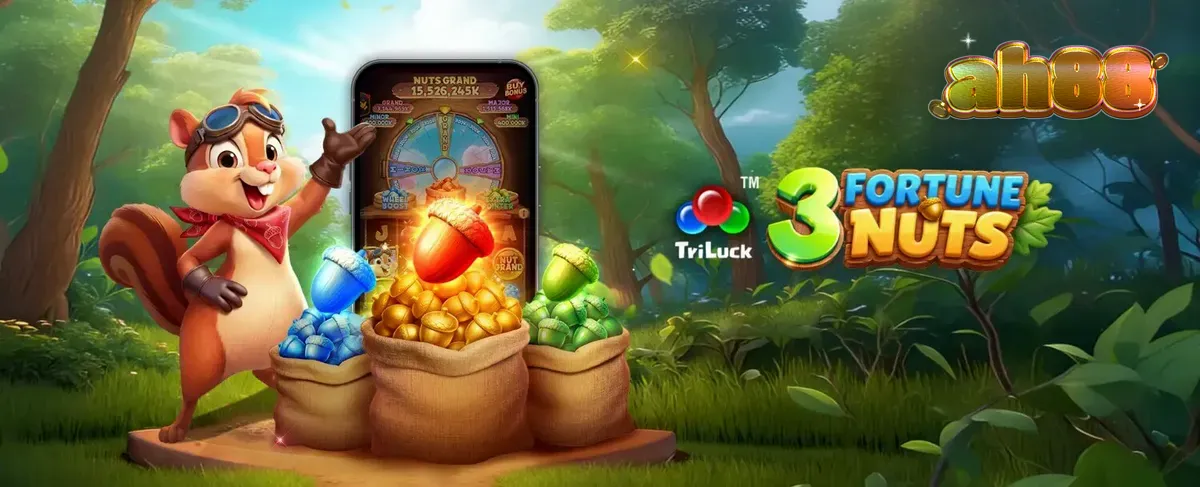 3 Fortune Nuts slot game interface na may mga acorn at squirrel theme